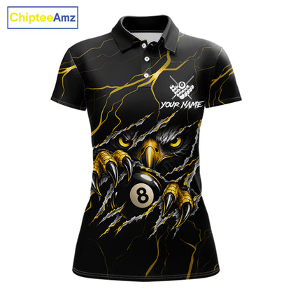 Custom Scratch Eagle 8 Ball Billiard Polo 1/4-Zip Shirt For Women Yellow Lightning Pool Team Jersey NYN4867