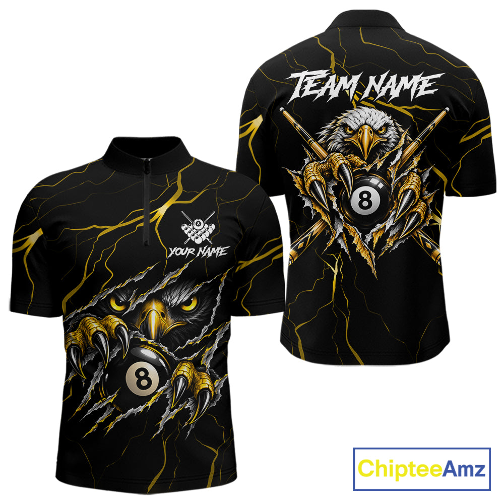 Custom Scratch Eagle 8 Ball Billiard Polo 1/4-Zip Shirt For Men Yellow Lightning Pool Team Jersey NYN4867