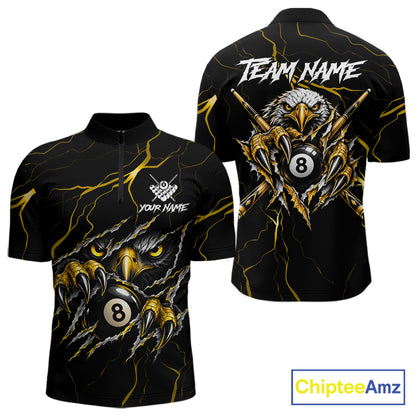 Custom Scratch Eagle 8 Ball Billiard Polo 1/4-Zip Shirt For Men Yellow Lightning Pool Team Jersey NYN4867