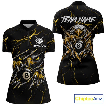 Custom Scratch Eagle 8 Ball Billiard Polo 1/4-Zip Shirt For Women Yellow Lightning Pool Team Jersey NYN4867