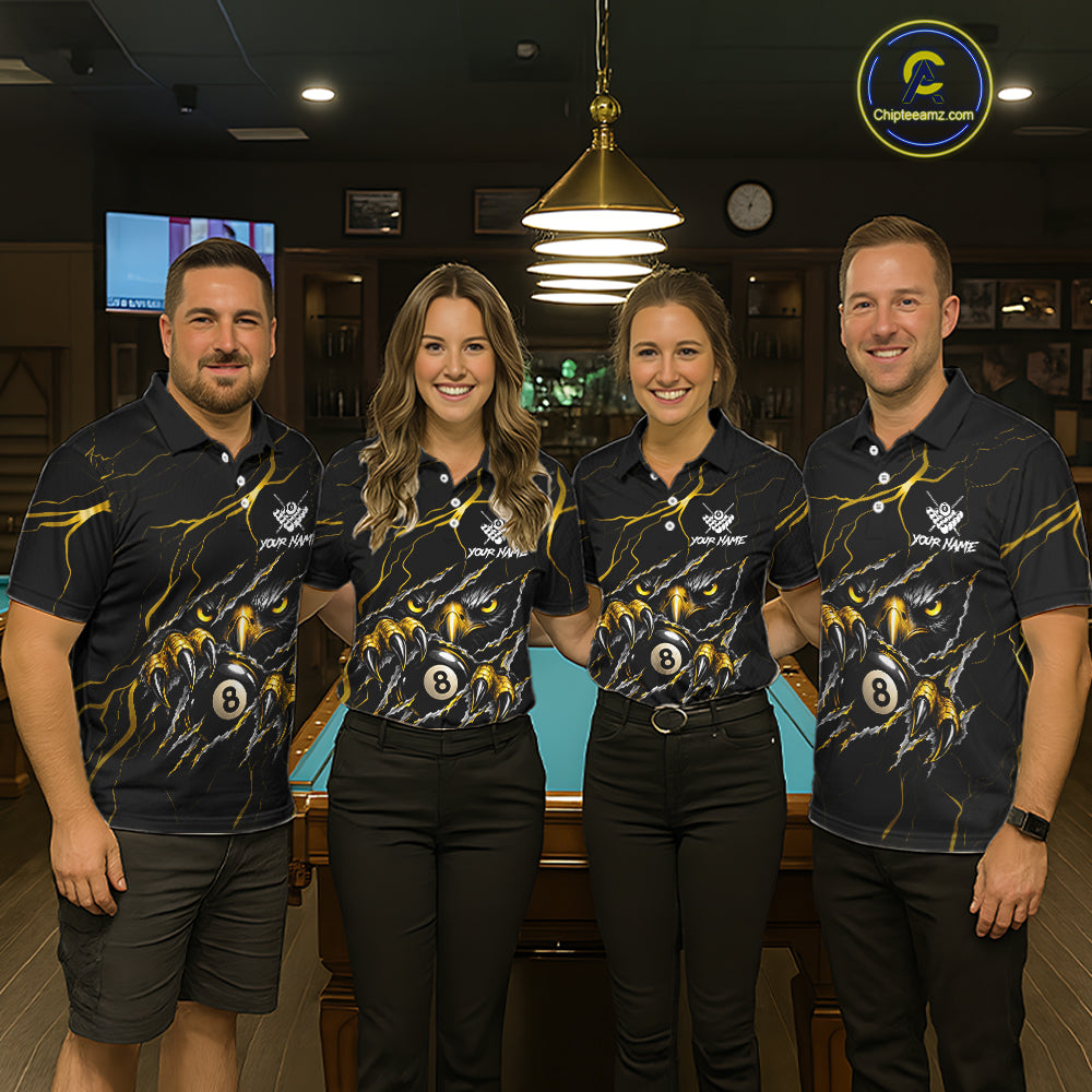 Custom Scratch Eagle 8 Ball Billiard Polo 1/4-Zip Shirt For Women Yellow Lightning Pool Team Jersey NYN4867