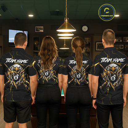 Custom Scratch Eagle 8 Ball Billiard Polo 1/4-Zip Shirt For Women Yellow Lightning Pool Team Jersey NYN4867