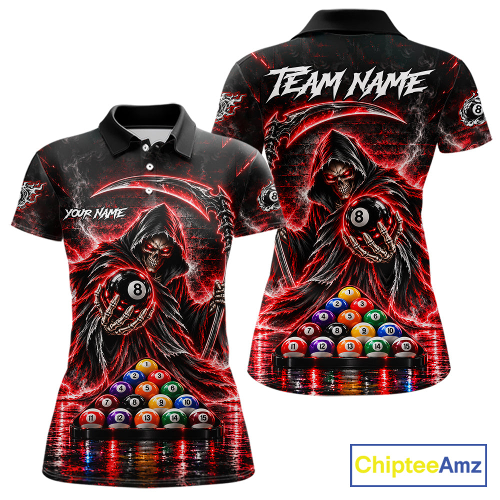 Red Thunder Grim Reaper 8 Ball Billiard Pool Shirt For Women Custom Billiard Skeleton Team Appeal NYN4868