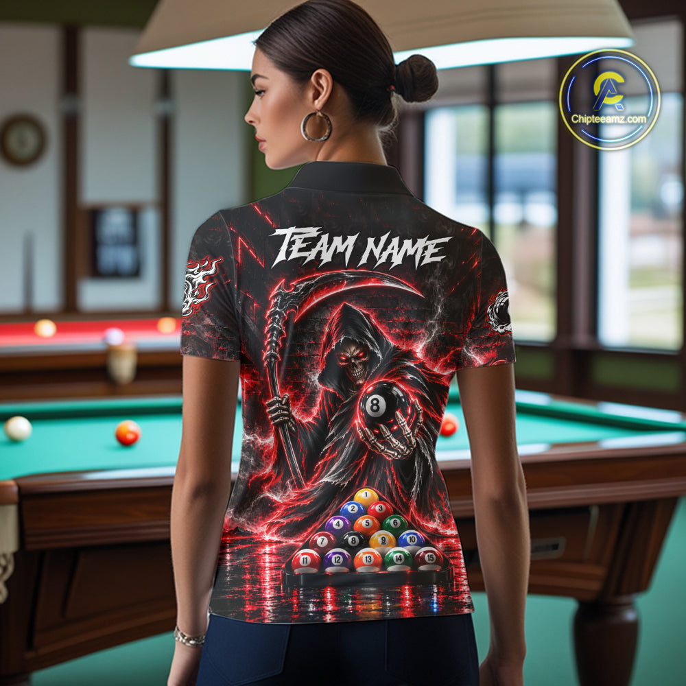 Red Thunder Grim Reaper 8 Ball Billiard Pool Shirt For Women Custom Billiard Skeleton Team Appeal NYN4868