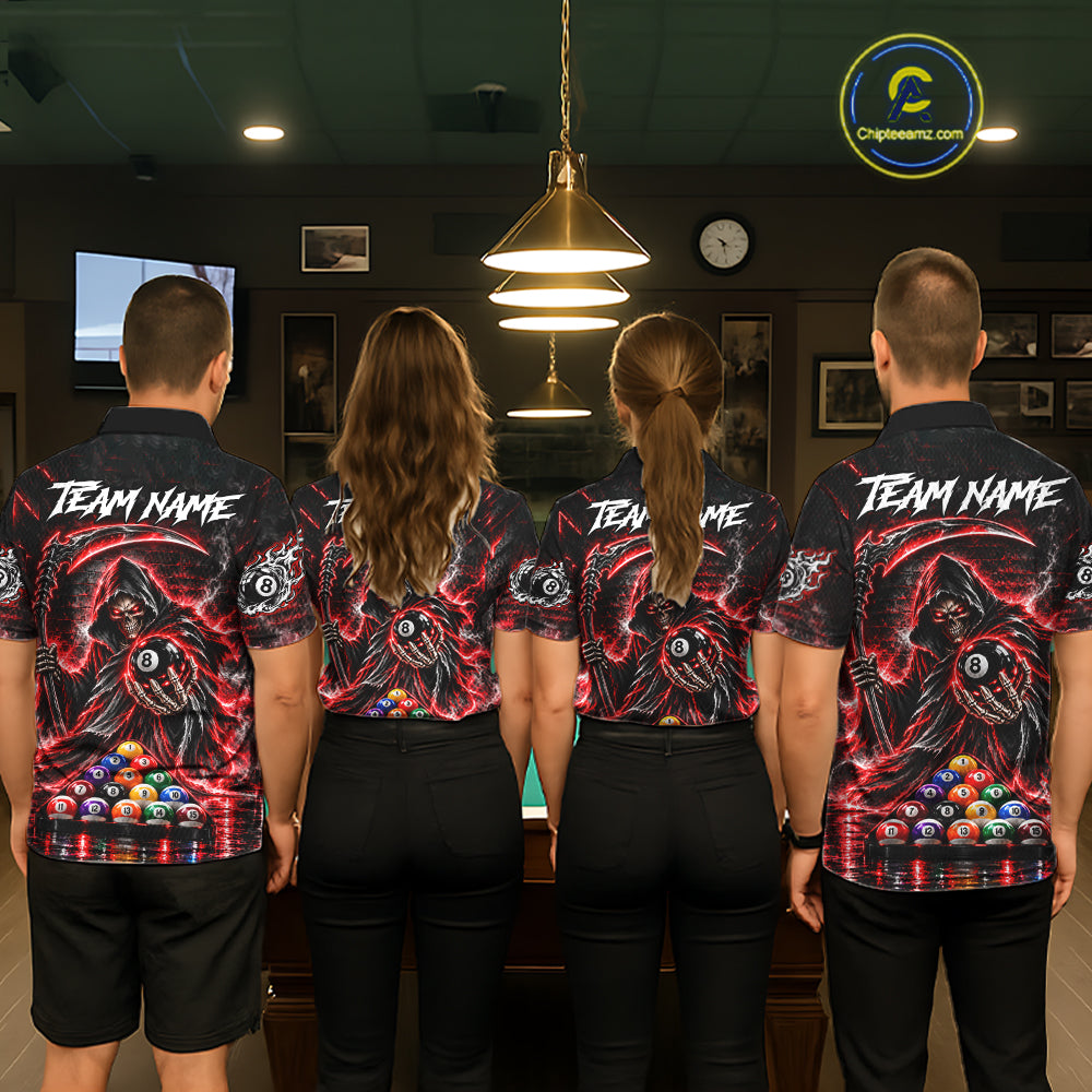 Red Thunder Grim Reaper 8 Ball Billiard Pool Shirt For Women Custom Billiard Skeleton Team Appeal NYN4868