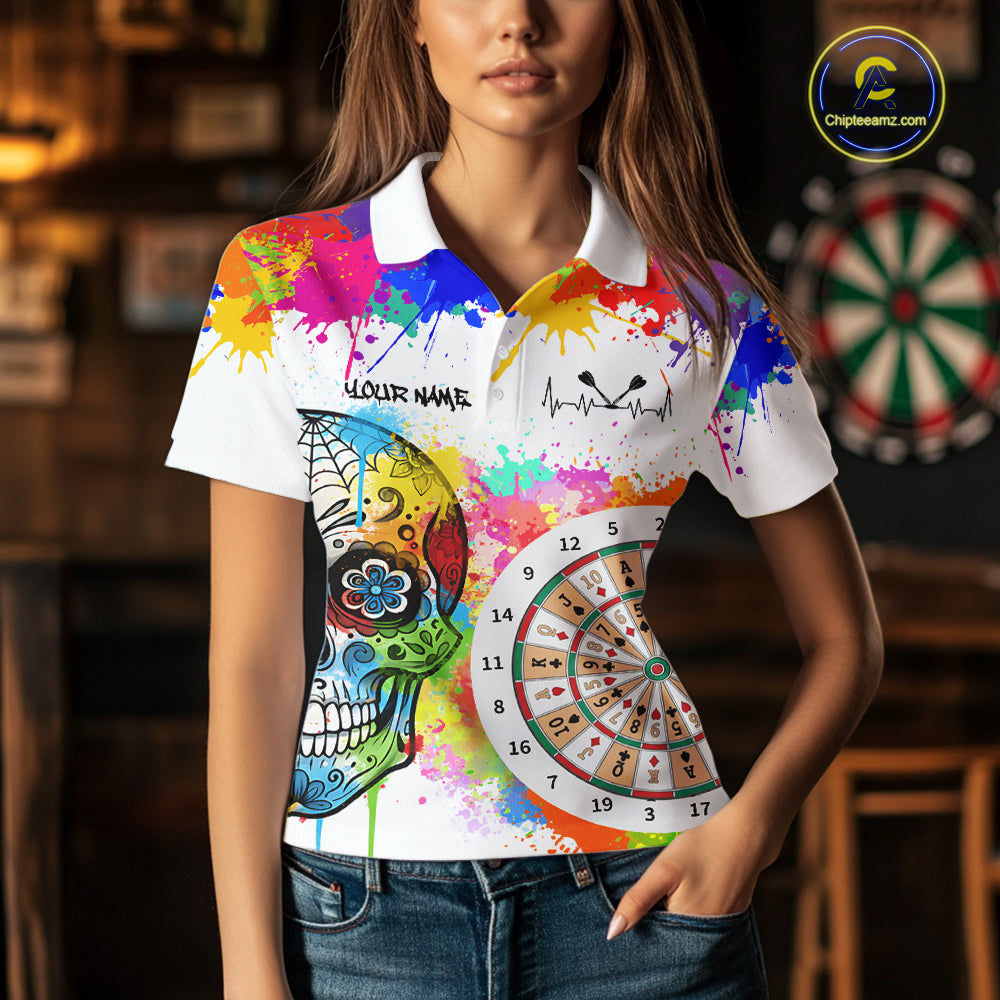 Custom Colorful Splatter Skull Dartboard Women Darts Polo Team Shirts Dart Jerseys | White NYN2211