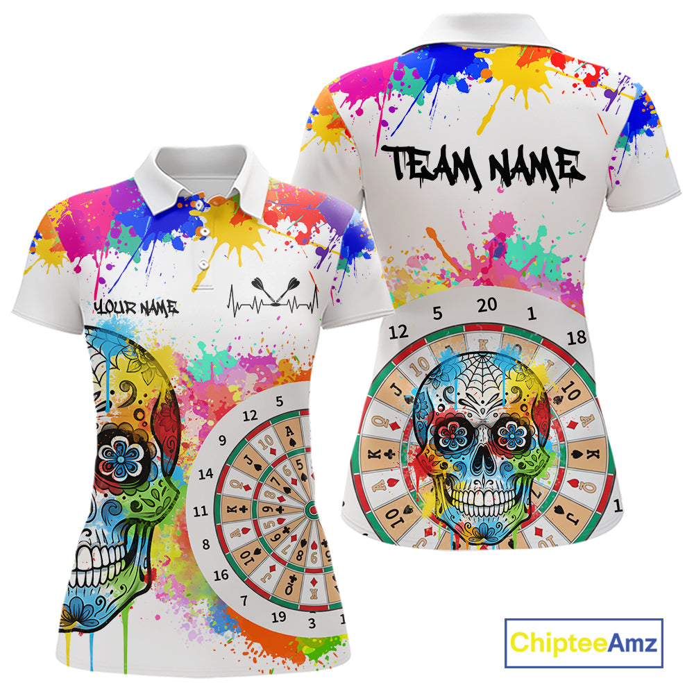 Custom Colorful Splatter Skull Dartboard Women Darts Polo Team Shirts Dart Jerseys | White NYN2211