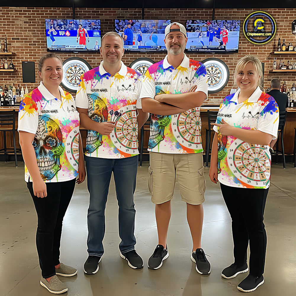 Custom Colorful Splatter Skull Dartboard Men Darts Polo Team Shirts Dart Jerseys | White NYN2211