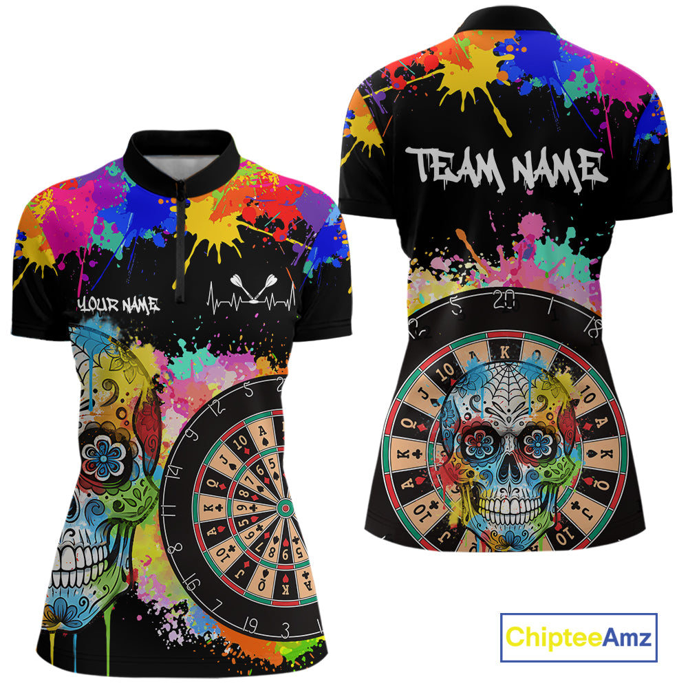 Custom Colorful Splatter Skull Dartboard Women Darts Quarter-Zip Team Shirts Dart Jerseys | Black NYN2212