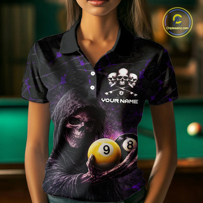 Purple Grunge Grim Reaper Hold 8 Ball & 9 Ball Pool Women Billiard Shirt Custom Billiard Team Attire NYN2702