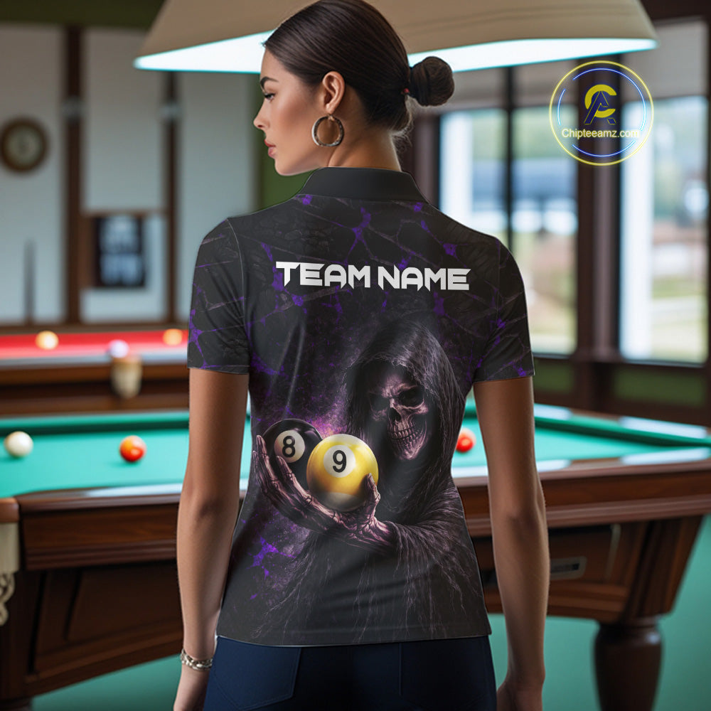Purple Grunge Grim Reaper Hold 8 Ball & 9 Ball Pool Women Billiard Shirt Custom Billiard Team Attire NYN2702