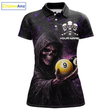 Load image into Gallery viewer, Purple Grunge Grim Reaper Hold 8 Ball &amp; 9 Ball Pool Women Billiard Shirt Custom Billiard Team Attire NYN2702