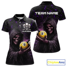 Load image into Gallery viewer, Purple Grunge Grim Reaper Hold 8 Ball &amp; 9 Ball Pool Women Billiard Shirt Custom Billiard Team Attire NYN2702