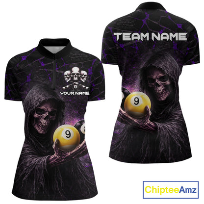 Purple Grunge Grim Reaper Hold 8 Ball & 9 Ball Pool Women Billiard Shirt Custom Billiard Team Attire NYN2702