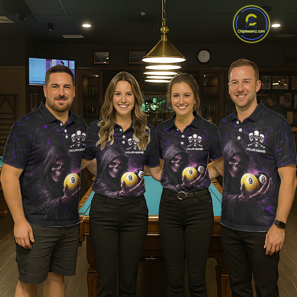 Purple Grunge Grim Reaper Hold 8 Ball & 9 Ball Pool Men Billiard Shirt Custom Billiard Team Attire NYN2702
