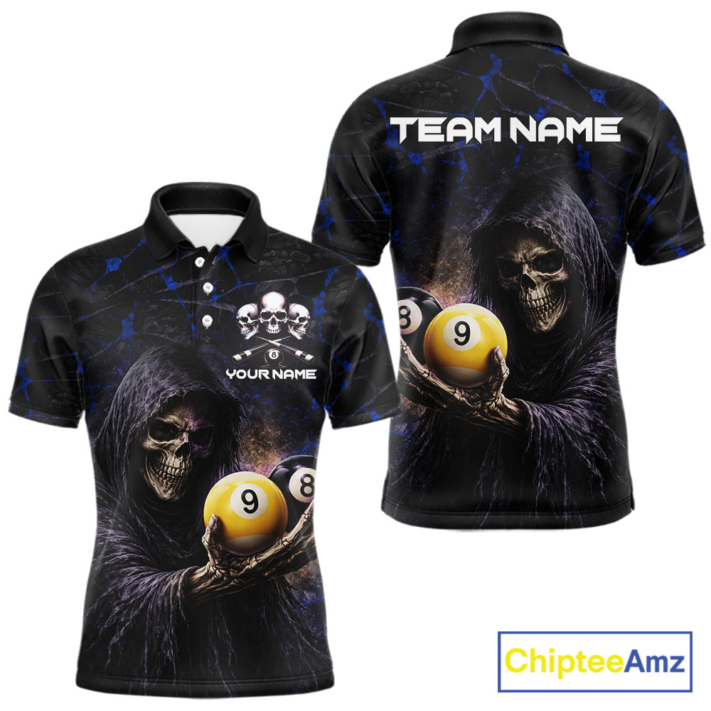 Blue Grunge Grim Reaper Hold 8 Ball & 9 Ball Pool Men Billiard Shirt Custom Billiard Team Attire NYN2703