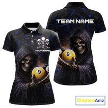 Load image into Gallery viewer, Blue Grunge Grim Reaper Hold 8 Ball &amp; 9 Ball Pool Women Billiard Shirt Custom Billiard Team Attire NYN2703