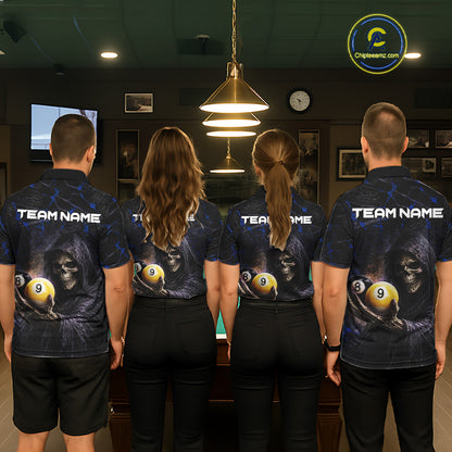 Blue Grunge Grim Reaper Hold 8 Ball & 9 Ball Pool Men Billiard Shirt Custom Billiard Team Attire NYN2703