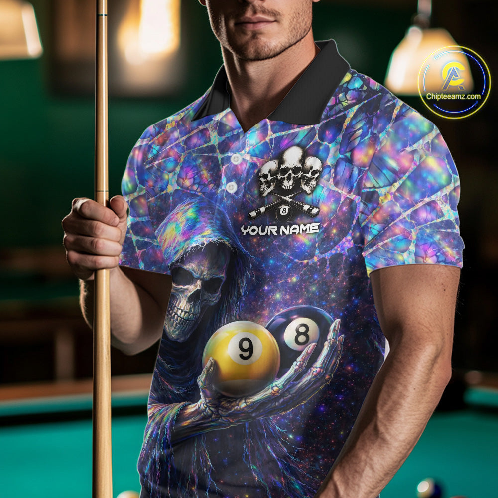 Holographic Grunge Grim Reaper Hold 8 Ball 9 Ball Pool Men Billiard Shirt Custom Billiard Team Attire NYN2704