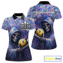 Load image into Gallery viewer, Holographic Grunge Grim Reaper Hold 8 Ball 9 Ball Pool Women Billiard Shirt Custom Billiard Team Attire NYN2704