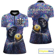 Load image into Gallery viewer, Holographic Grunge Grim Reaper Hold 8 Ball 9 Ball Pool Women Billiard Shirt Custom Billiard Team Attire NYN2704