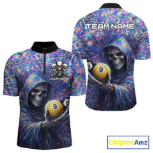 Load image into Gallery viewer, Holographic Grunge Grim Reaper Hold 8 Ball 9 Ball Pool Men Billiard Shirt Custom Billiard Team Attire NYN2704