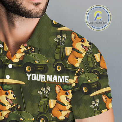 Funny Mens Golf Polo Shirt Custom Brown And Green Golfing Dog Pattern Golf Clothing Shirts NYN2872