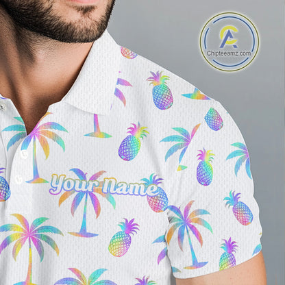 Personalized Tropical Palm Trees Pineapple Men Golf Polo Shirts Holographic Team Golf Clothes NYN2862