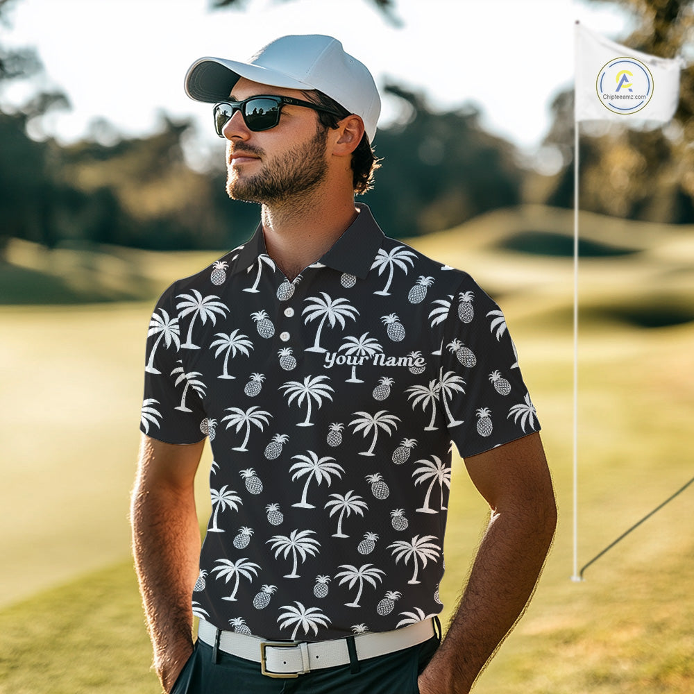 Personalized Tropical Palm Trees Pineapple Men Golf Polo Shirts Black White Team Golf Clothes NYN2863