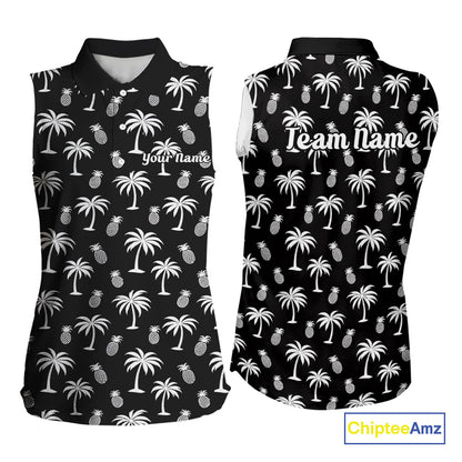 Personalized Tropical Palm Trees Pineapple Women Golf Sleeveless Polo Shirts Black White Team Golf Clothes NYN2863