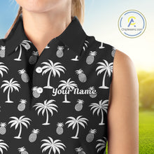 Load image into Gallery viewer, Personalized Tropical Palm Trees Pineapple Women Golf Sleeveless Polo Shirts Black White Team Golf Clothes NYN2863