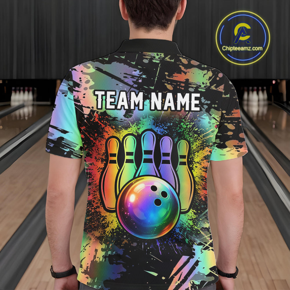 Custom Rainbow Holographic Splatter Bowling Shirts For Men, Colorful Bowling Pin And Ball Jersey NYN3072