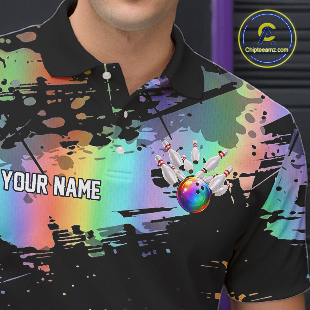 Custom Rainbow Holographic Splatter Bowling Shirts For Men, Colorful Bowling Pin And Ball Jersey NYN3072
