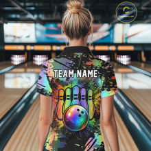 Load image into Gallery viewer, Custom Rainbow Holographic Splatter Bowling Shirts For Women, Colorful Bowling Pin And Ball Jersey NYN3072