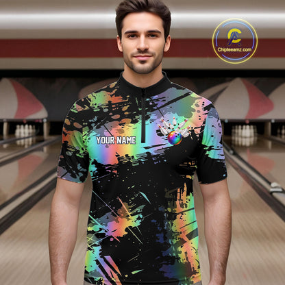 Custom Rainbow Holographic Splatter Bowling Shirts For Men, Colorful Bowling Pin And Ball Jersey NYN3072