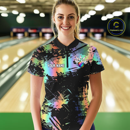 Custom Rainbow Holographic Splatter Bowling Shirts For Women, Colorful Bowling Pin And Ball Jersey NYN3072