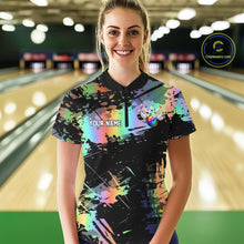 Load image into Gallery viewer, Custom Rainbow Holographic Splatter Bowling Shirts For Women, Colorful Bowling Pin And Ball Jersey NYN3072