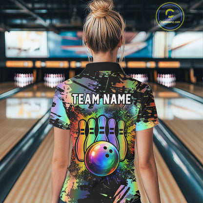 Custom Rainbow Holographic Splatter Bowling Shirts For Women, Colorful Bowling Pin And Ball Jersey NYN3072