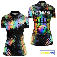 Load image into Gallery viewer, Custom Rainbow Holographic Splatter Bowling Shirts For Women, Colorful Bowling Pin And Ball Jersey NYN3072