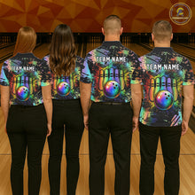 Load image into Gallery viewer, Custom Rainbow Holographic Splatter Bowling Shirts For Women, Colorful Bowling Pin And Ball Jersey NYN3072