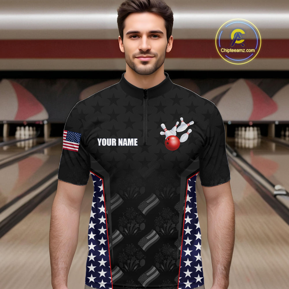 Personalized American Flag Eagle Bowling Shirts For Men Patriotic Bowling Pins And Ball Team Jersey NYN3074
