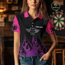 Load image into Gallery viewer, Purple Flaming &amp; Wings Dart Arrow Women's Pink Darts Shirt - Custom Name For Players NYN0565