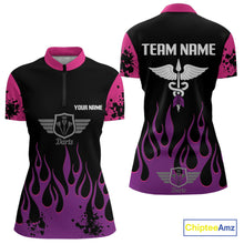 Load image into Gallery viewer, Purple Flaming &amp; Wings Dart Arrow Women's Pink Darts Shirt - Custom Name For Players NYN0565