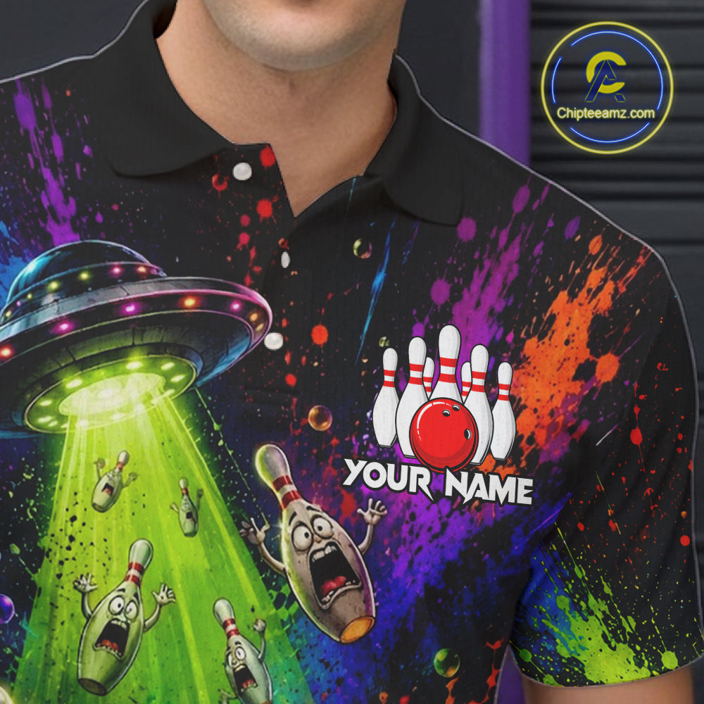 Male bowler wearing UFO Alien bowling shirt featuring space-inspired graphics, esports lifestyle, innovation, curiosity, custom bowling league apparel, modern athletic fashion.
