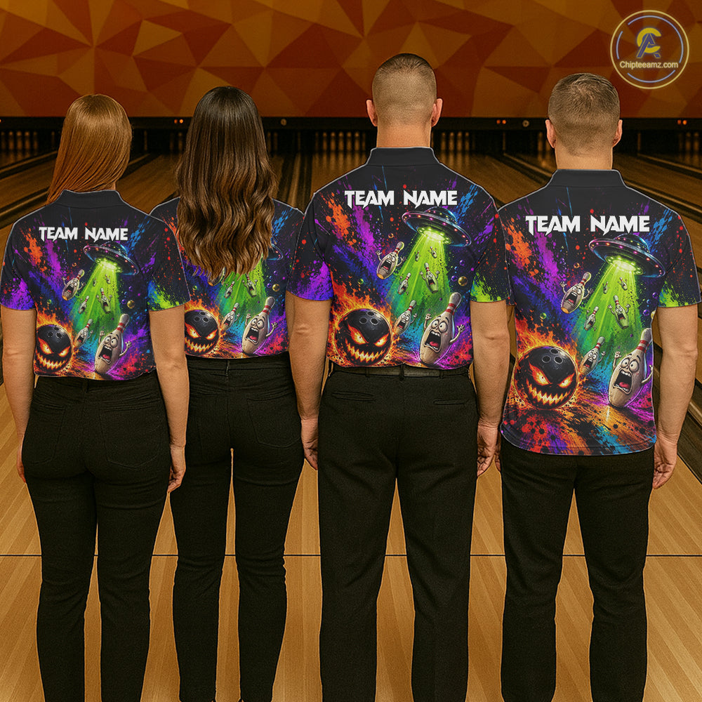 Bowling team wearing matching Galaxy UFO Alien jerseys with personalized names, cosmic-themed uniforms, esports-inspired teamwear, gaming community, science fiction fans, innovation, creativity, teamwork, championship mindset.