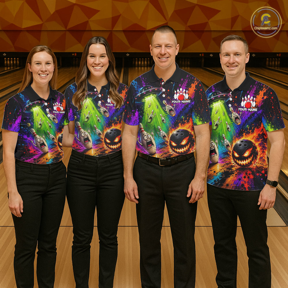 Bowling team wearing matching Galaxy UFO Alien jerseys with personalized names, cosmic-themed uniforms, esports-inspired teamwear, gaming community, science fiction fans, innovation, creativity, teamwork, championship mindset.