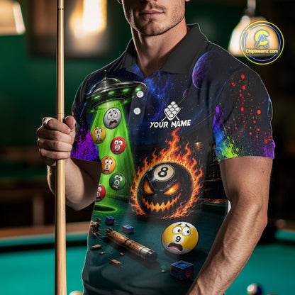 Male player wearing Galaxy Alien pool shirt inspired by esports, science fiction, space exploration, custom tournament apparel, championship cue sports clothing.