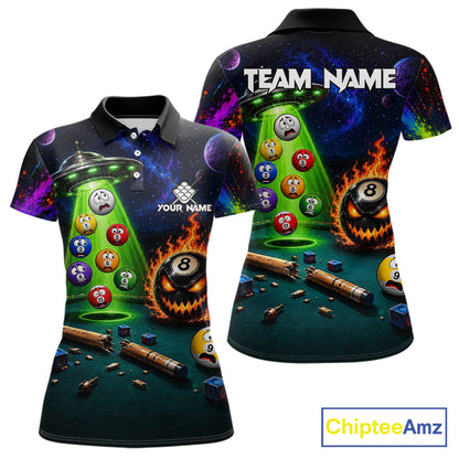 Galaxy UFO Alien Pool Billiard Polo featuring alien mascot, galaxy background, flaming 8 Ball artwork, personalized billiard team jersey, gaming-inspired sportswear, sci-fi apparel, esports aesthetic, custom cue sports clothing.