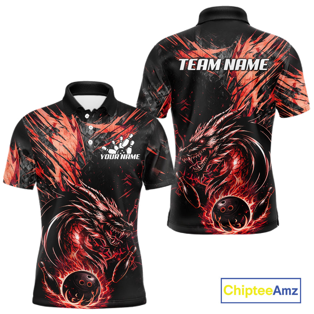 Black And Red Flames Dragon Bowling Polo 1/4 Zip Shirt For Men Custom Dragon Bowling Team Jersey NYN4129