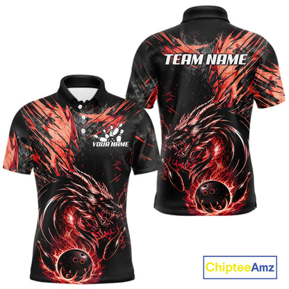 Black And Red Flames Dragon Bowling Polo 1/4 Zip Shirt For Men Custom Dragon Bowling Team Jersey NYN4129